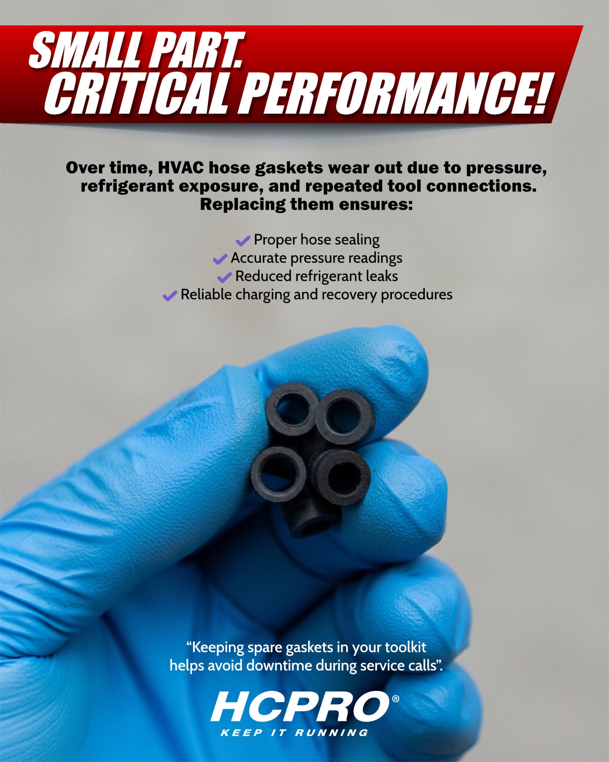 Hand wearing a blue glove holding black hose gaskets with promotional text about HVAC hose gaskets on a gray background.