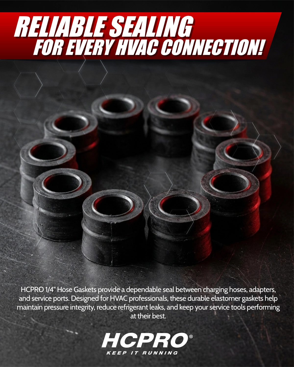 HCPRO hose gaskets on a dark background with promotional text.