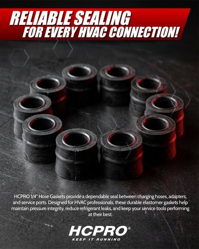 HCPRO hose gaskets on a dark background with promotional text.