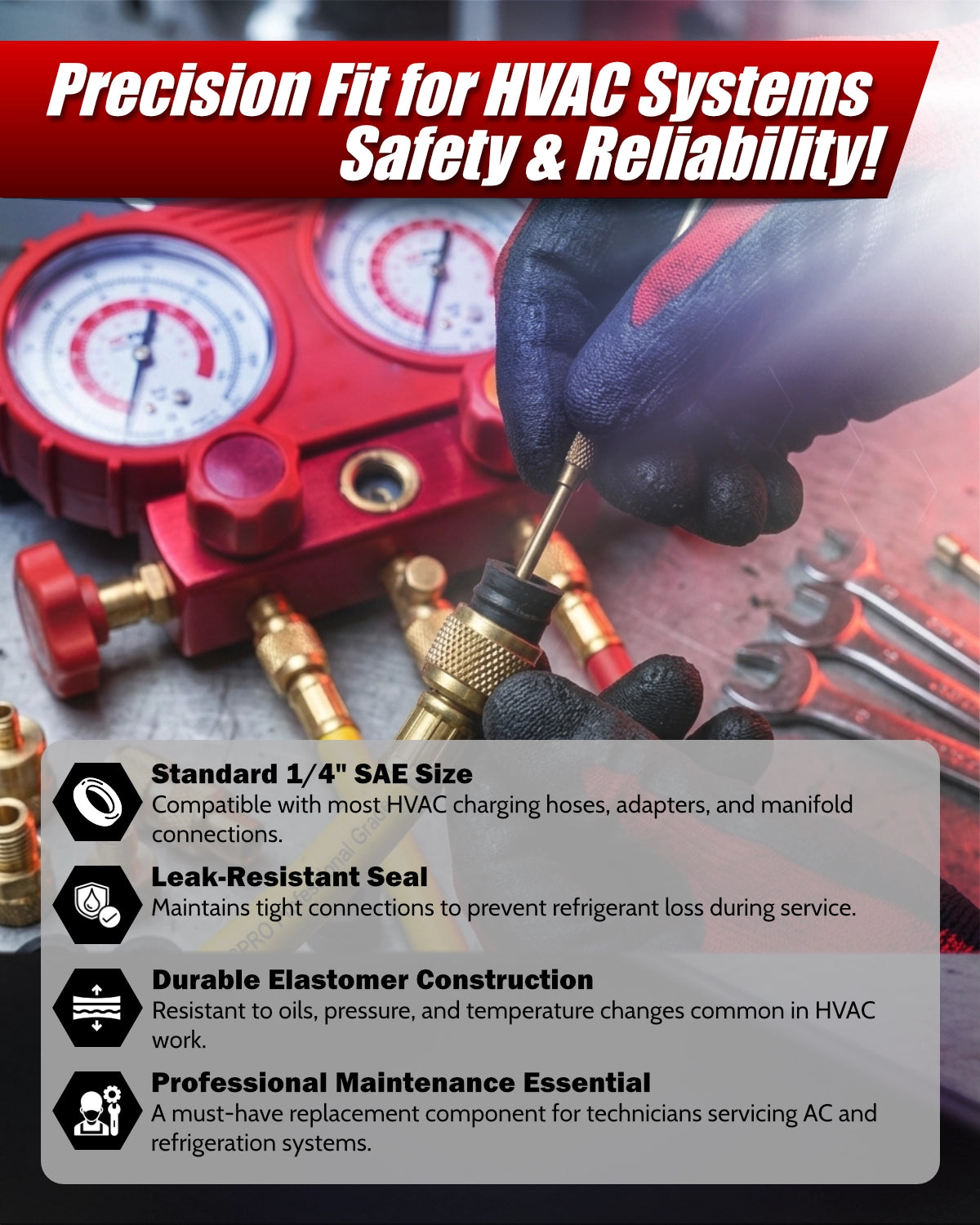 HVAC tool with gauges and a hand wearing a glove, highlighting safety and reliability.