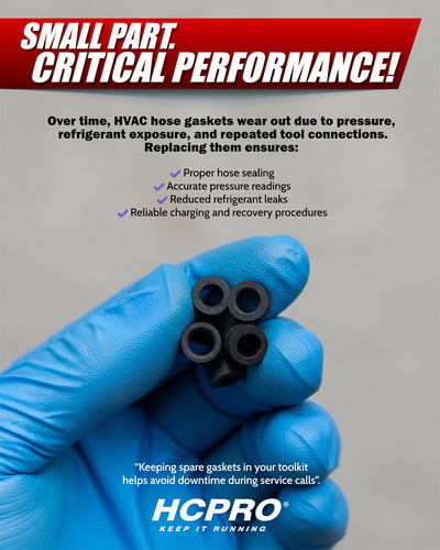 Hand wearing a blue glove holding black hose gaskets with promotional text about HVAC hose gaskets on a gray background.