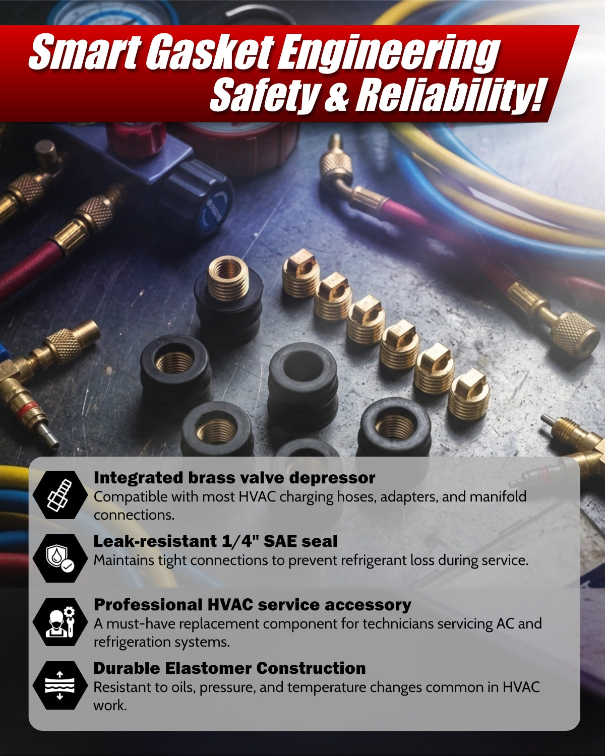 Smart gasket engineering safety and reliability with HVAC tools and components on a dark surface.