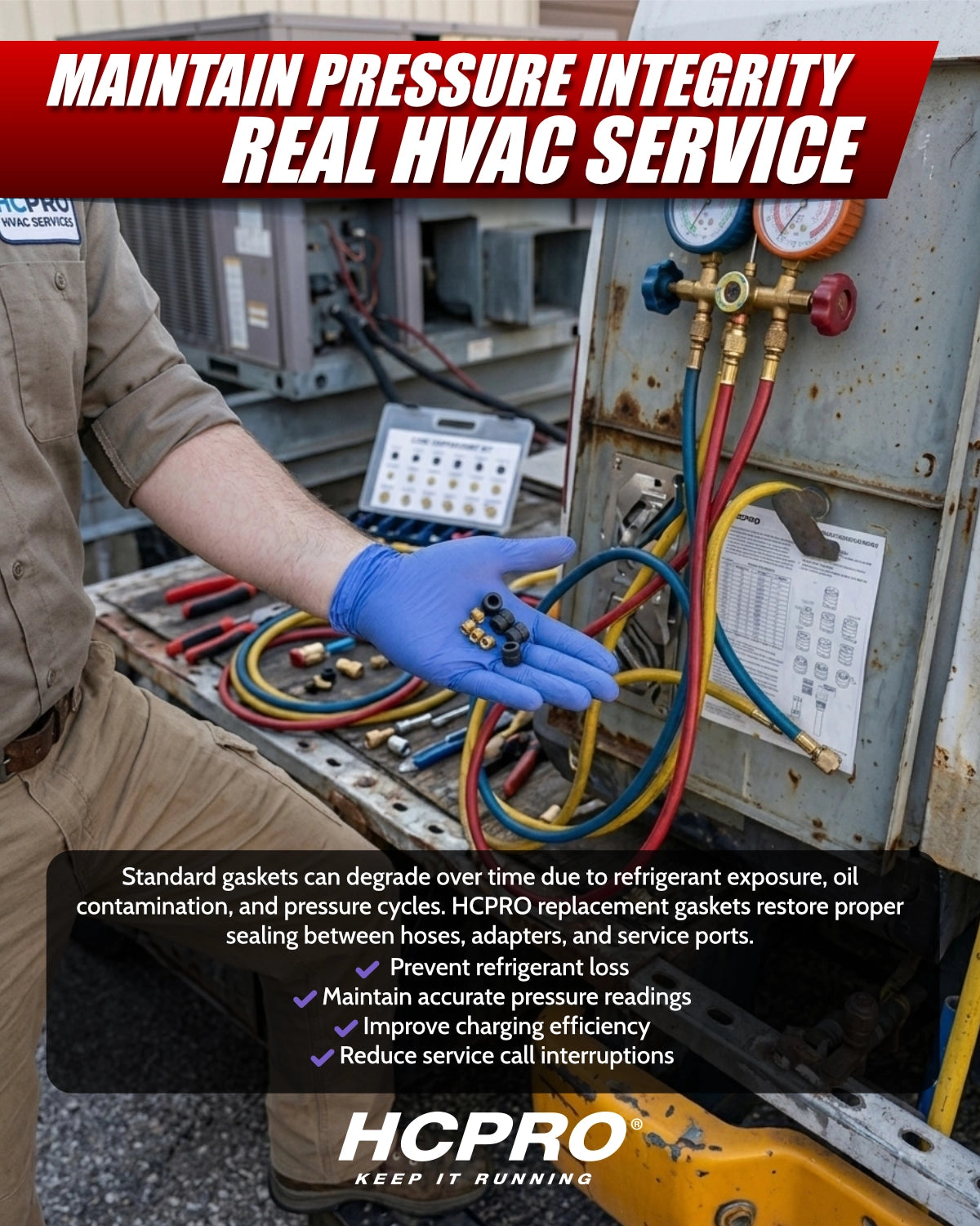 Person working on HVAC system with text about maintaining pressure integrity and HCPRO brand.