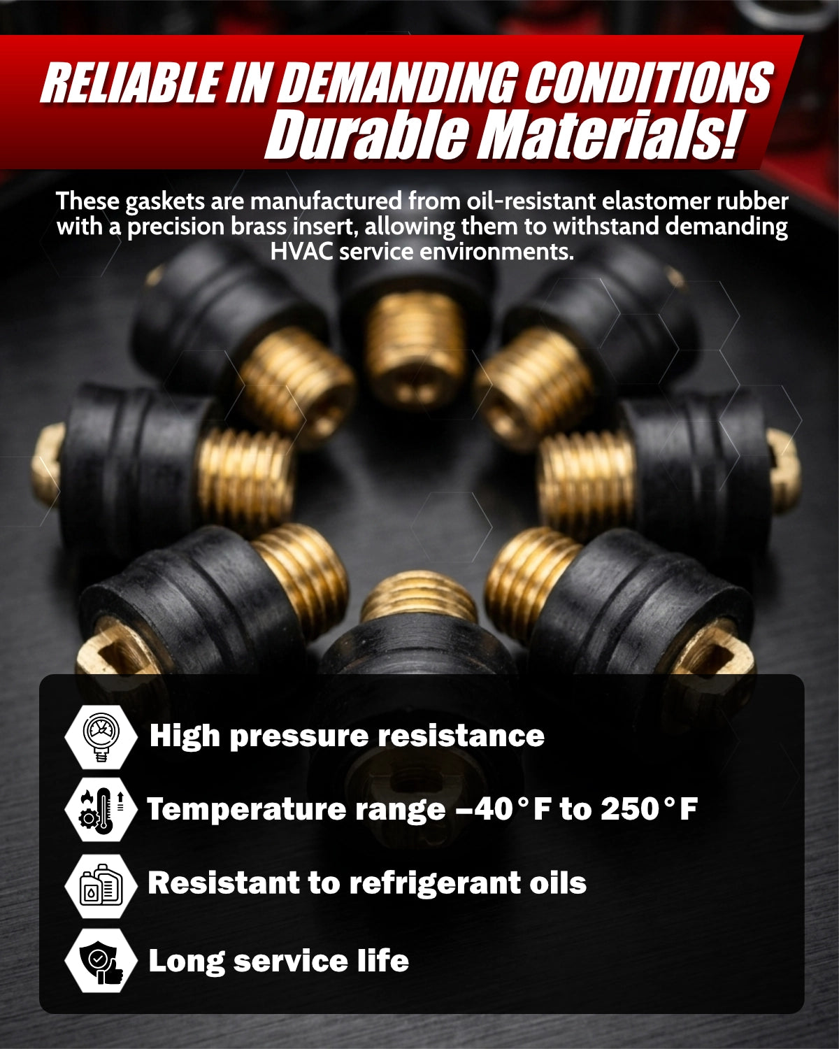 Oil-resistant elastomer gaskets with brass inserts on a dark background, featuring text about their properties.