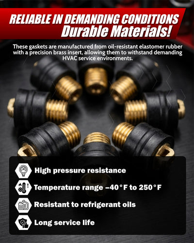 Oil-resistant elastomer gaskets with brass inserts on a dark background, featuring text about their properties.
