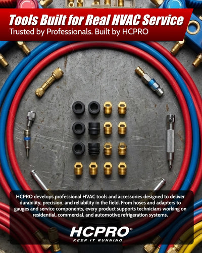 HVAC tools and accessories with red banner and HCPRO branding