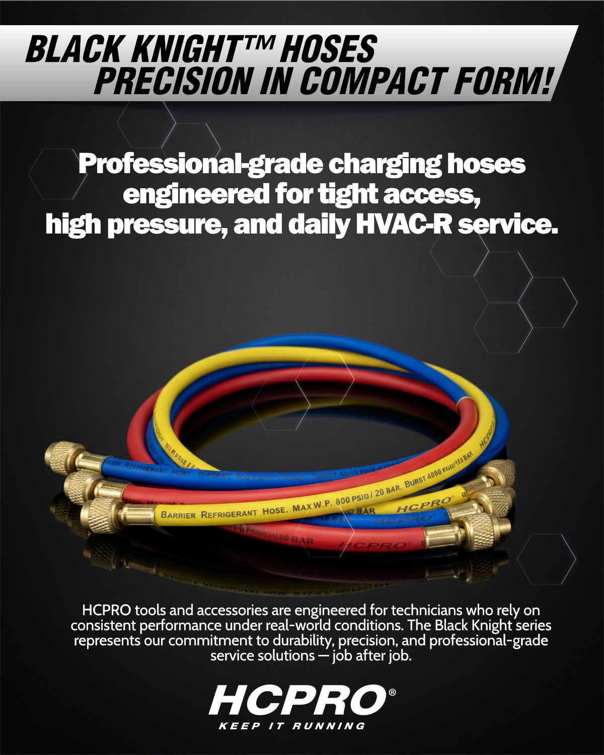 HCPRO Black Knight 1/4" x 3' HVAC Charging Hose Set | Compact 3-Hose Kit