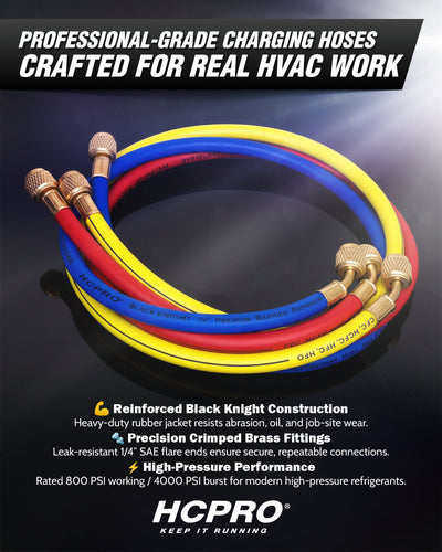 HCPRO Black Knight 1/4" x 3' HVAC Charging Hose Set | Compact 3-Hose Kit