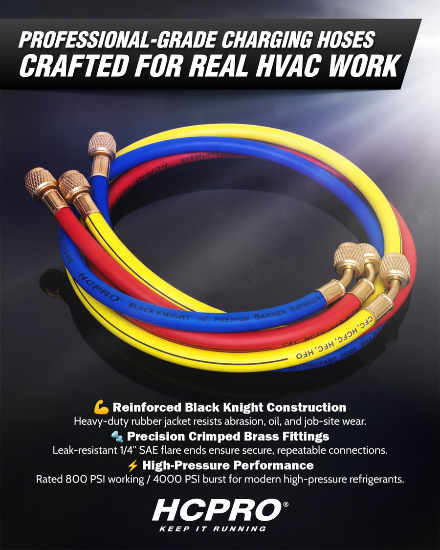 HCPRO Black Knight 1/4" x 3' HVAC Charging Hose Set | Compact 3-Hose Kit