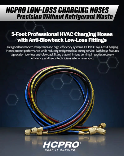 HCPRO 5' 1/4" Hoses w/ Low-Loss Anti-Blowback Fitting | HVAC Tool