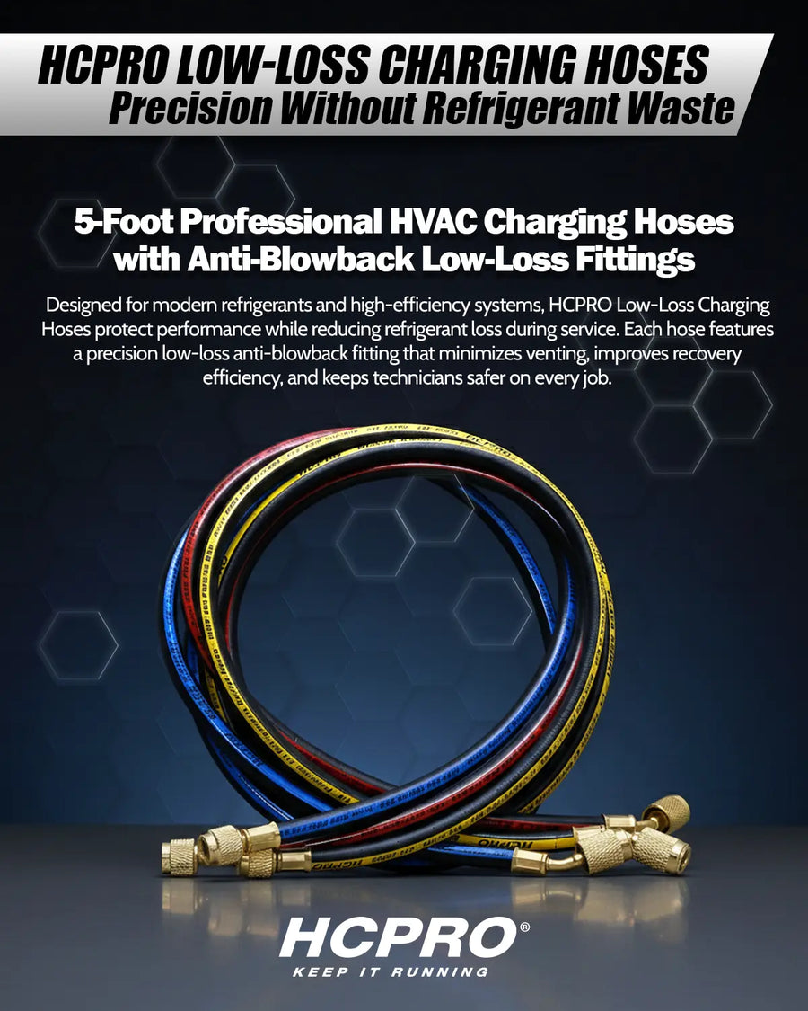 HCPRO 5' 1/4" Hoses w/ Low-Loss Anti-Blowback Fitting | HVAC Tool