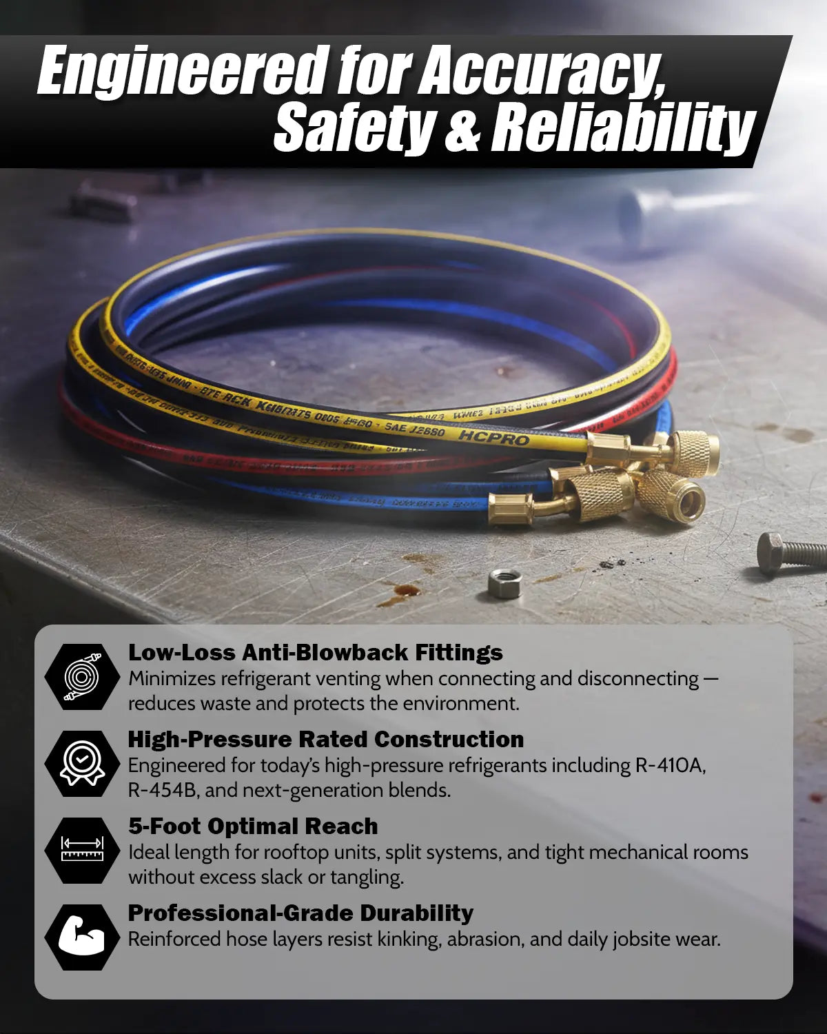 HCPRO 5' 1/4" Hoses w/ Low-Loss Anti-Blowback Fitting | HVAC Tool