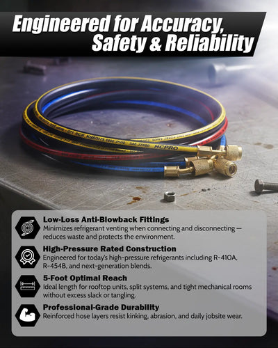 HCPRO 5' 1/4" Hoses w/ Low-Loss Anti-Blowback Fitting | HVAC Tool