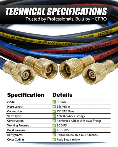 HCPRO 5' 1/4" Hoses w/ Low-Loss Anti-Blowback Fitting | HVAC Tool