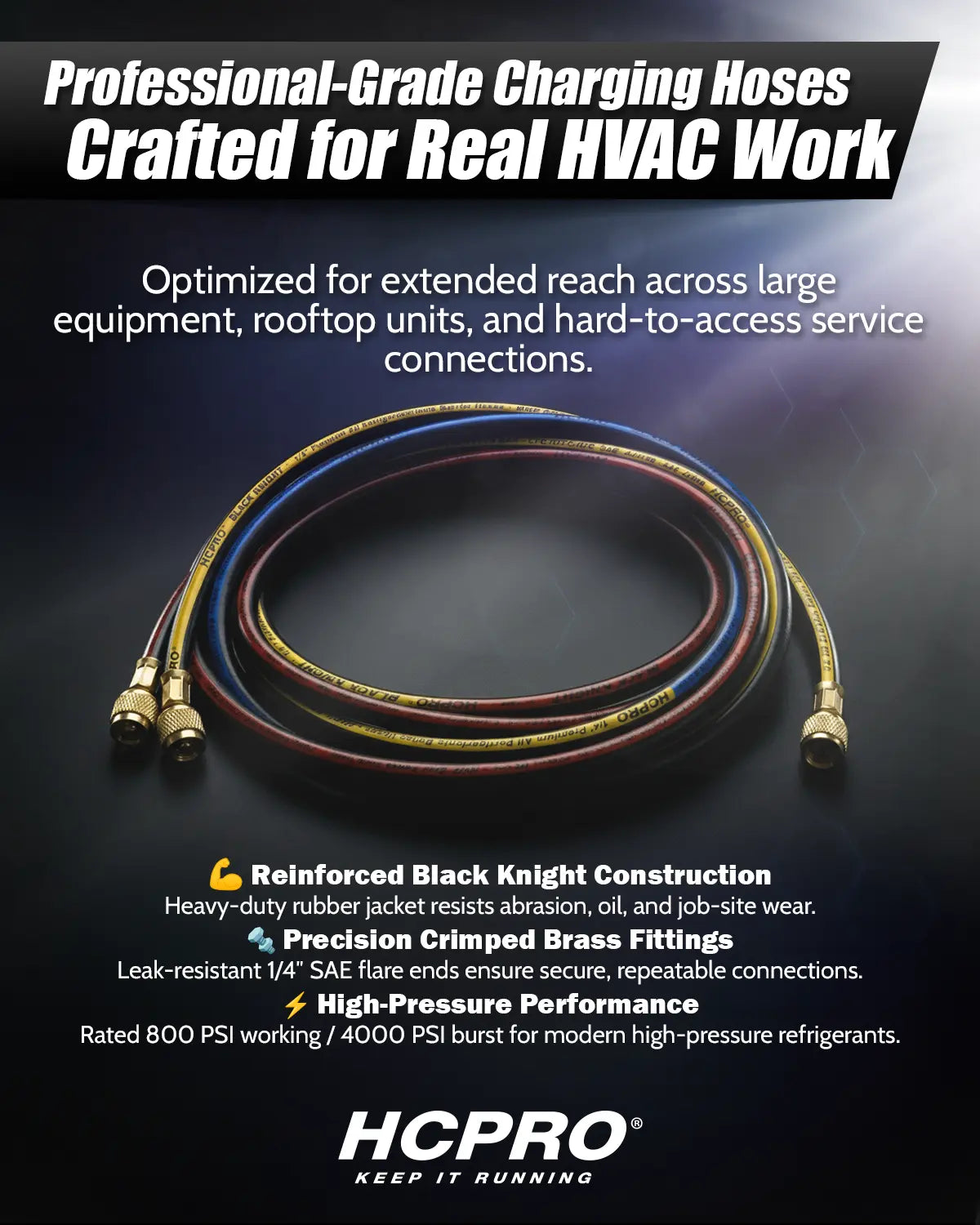 HCPRO 1/4" x 5' HVAC Charging Hose Set | Standard 3-Hose Kit