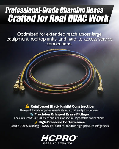 HCPRO 1/4" x 5' HVAC Charging Hose Set | Standard 3-Hose Kit