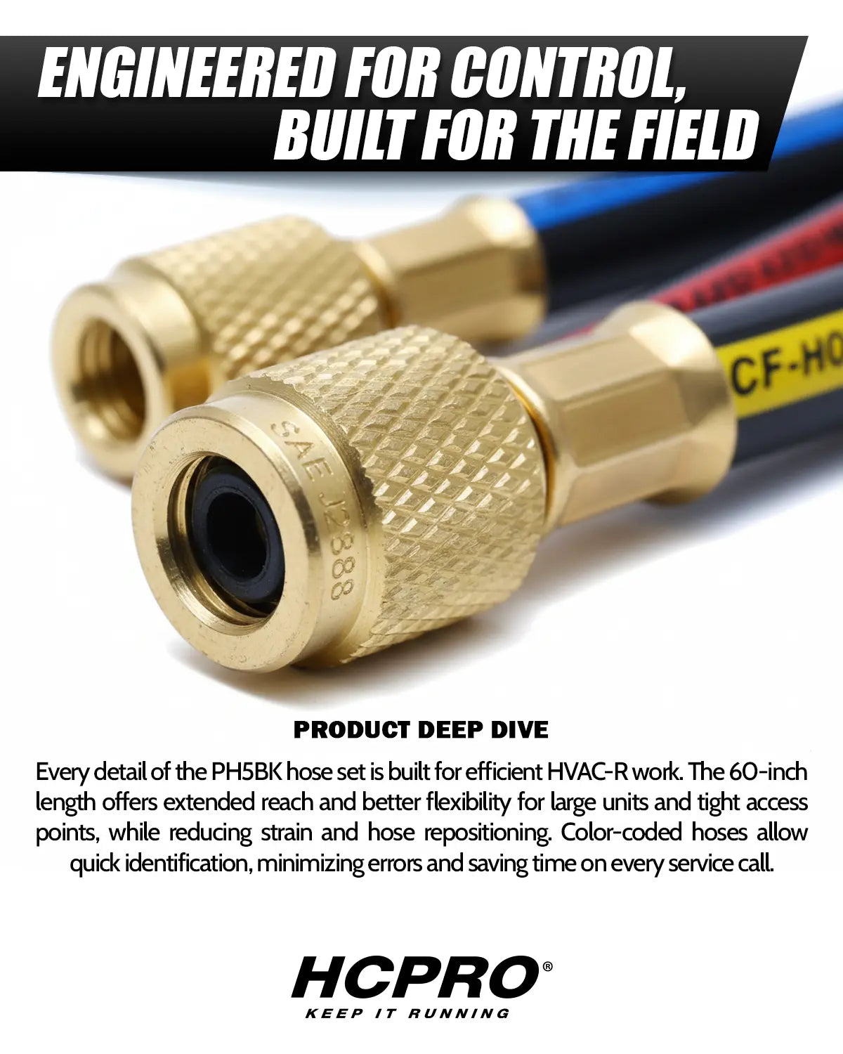 HCPRO 1/4" x 5' HVAC Charging Hose Set | Standard 3-Hose Kit