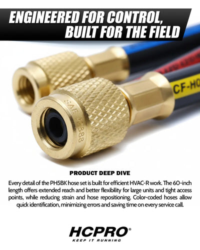 HCPRO 1/4" x 5' HVAC Charging Hose Set | Standard 3-Hose Kit