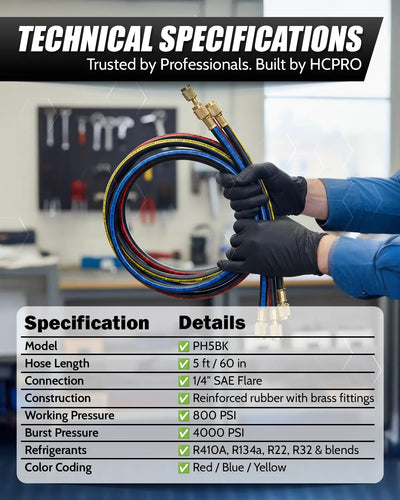 HCPRO 1/4" x 5' HVAC Charging Hose Set | Standard 3-Hose Kit