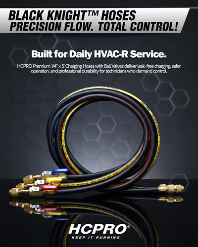 Black Knight hoses with ball valves on a dark background, featuring HCPRO branding.