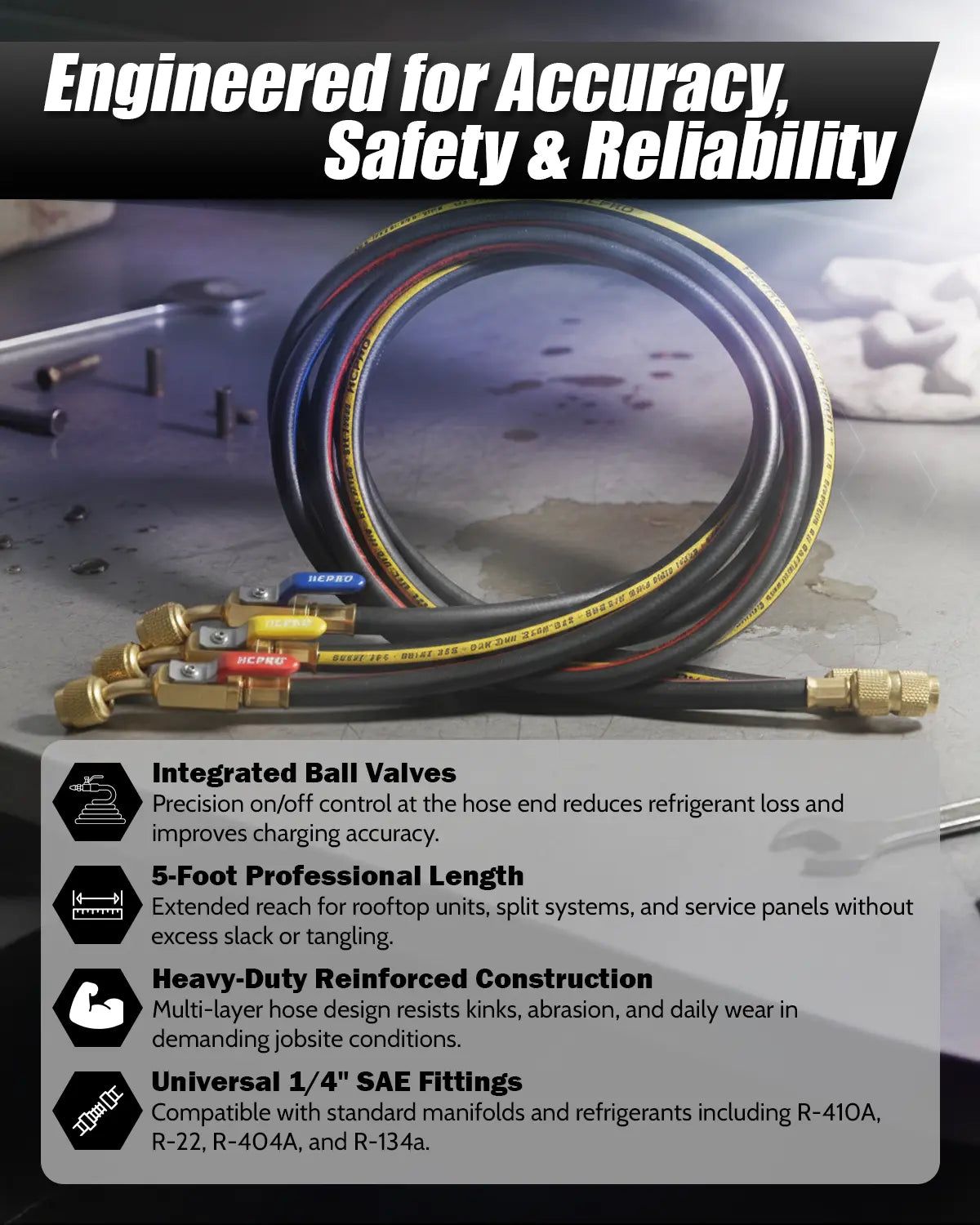 Hose with ball valves on a gray background, featuring text about product features.