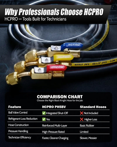 HCPRO automotive hoses with comparison chart on a dark background