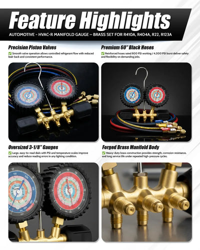 HVAC Manifold Gauge Set R410a/R22/R404a/R134a + Anti‑Blowback Hoses