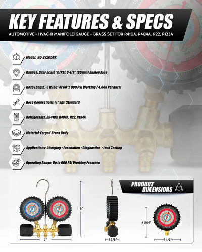 HVAC Manifold Gauge Set R410a/R22/R404a/R134a + Anti‑Blowback Hoses