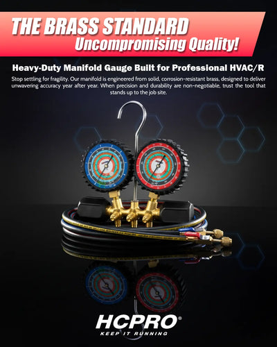 2-Way Brass HVAC Manifold Gauge Set R134a/R404a/R404a/R507 + 5ft Hoses