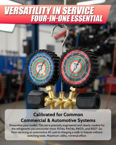 Two pressure gauges on a hook with text about versatility and calibration for commercial and automotive systems.