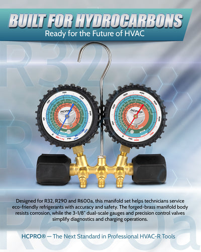 HC-2V2Y3P Manifold Gauge Set R32, R290, R600 w/ 3ft Hoses