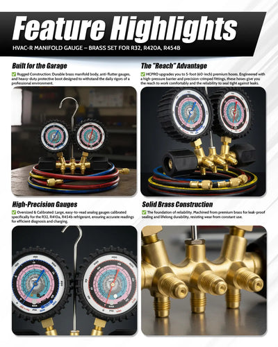 R32 Manifold Gauge – Dual Scale Piston Set for R410A/R454B + 3ft Hoses °F/°C PSI