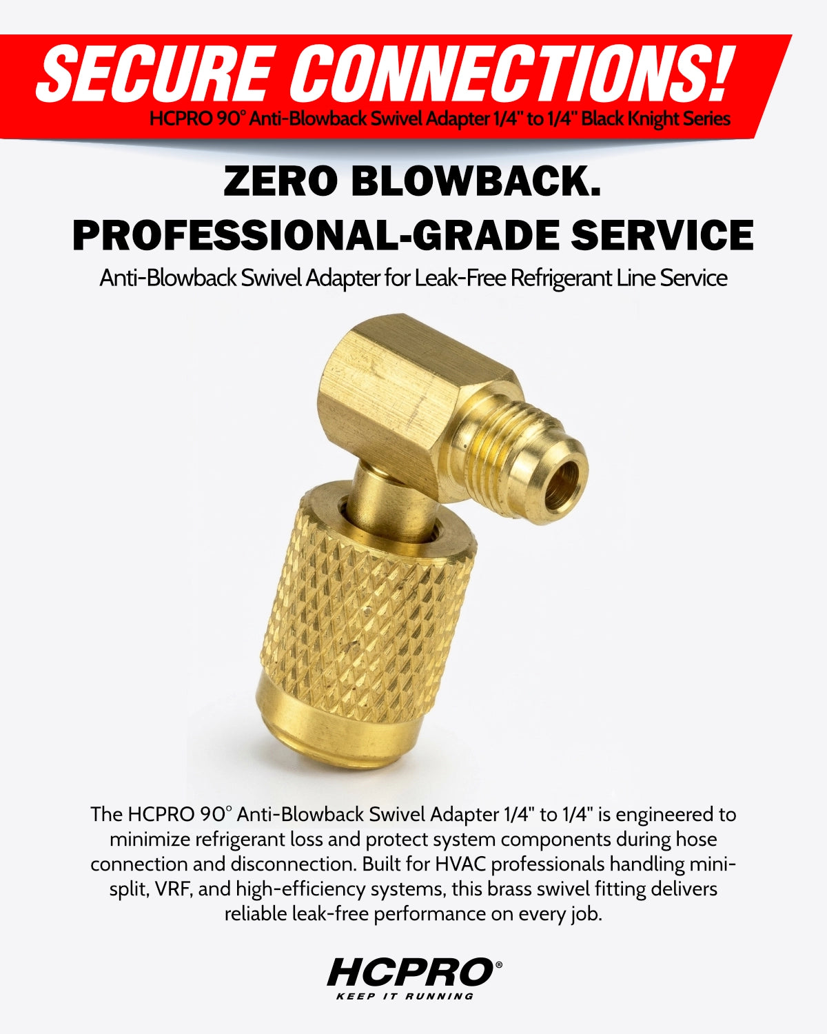 Gold anti-blowback swivel adapter with promotional text about secure connections and professional-grade service.