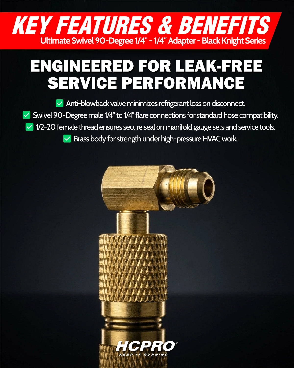 Gold adapter with text highlighting features and benefits on a black background