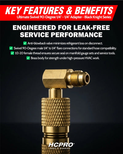 Gold adapter with text highlighting features and benefits on a black background