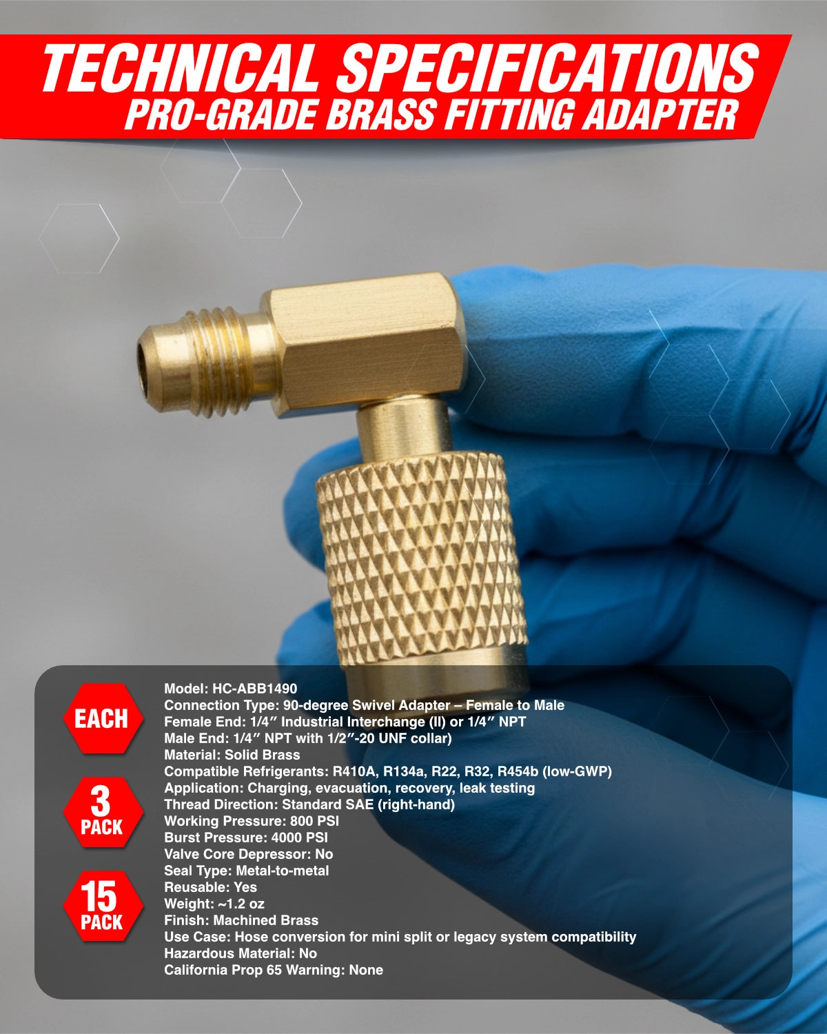 Pro-grade brass fitting adapter held by a gloved hand with technical specifications displayed.