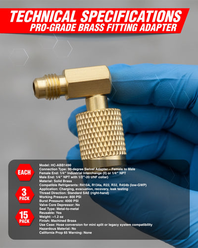 Pro-grade brass fitting adapter held by a gloved hand with technical specifications displayed.