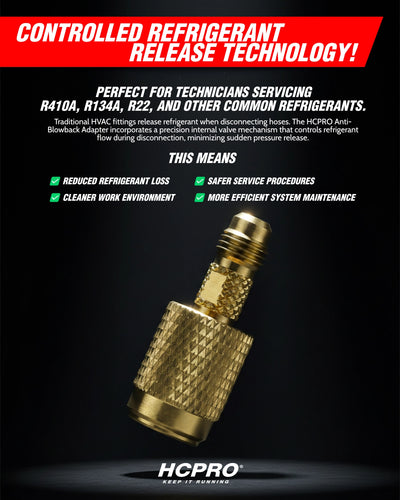 Gold refrigerant adapter with text about controlled refrigerant release technology on a black background