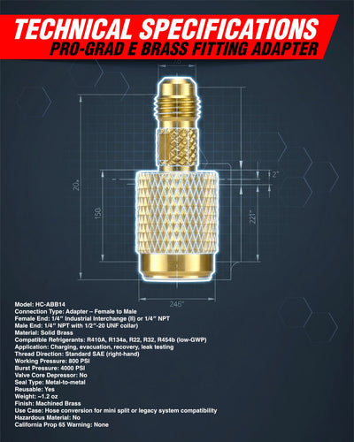 Gold fitting adapter with technical specifications on a dark background