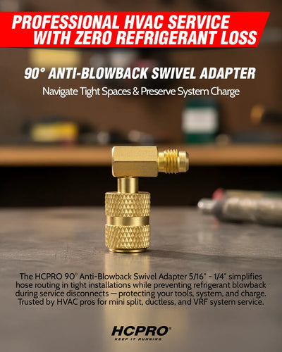 90° Anti-Blowback Swivel Adapter with promotional text about HVAC service and refrigerant loss.