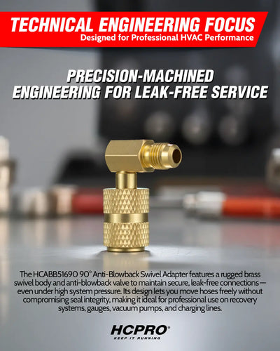 Gold HVAC adapter with text about precision-engineered design for leak-free service on a blurred background.