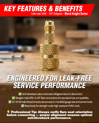 Gold adapter on a wooden surface with text highlighting features and benefits.
