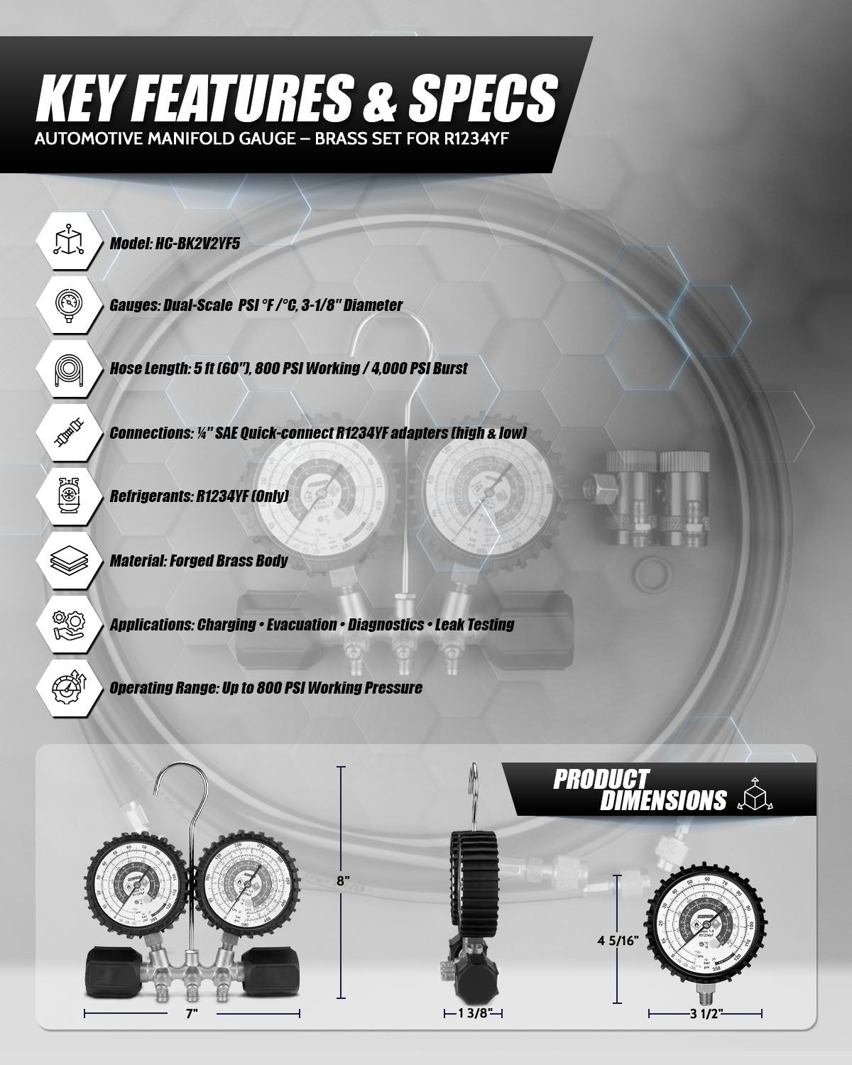 Black Knight R1234YF AC Gauge Set + 5ft Hoses & Quick Adapters