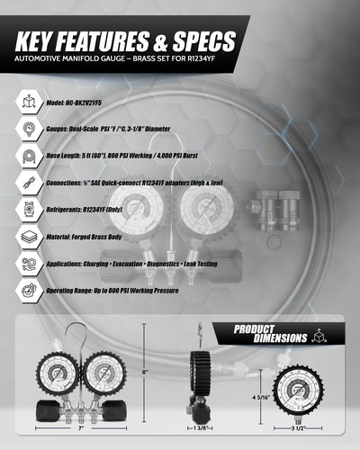 Black Knight R1234YF AC Gauge Set + 5ft Hoses & Quick Adapters
