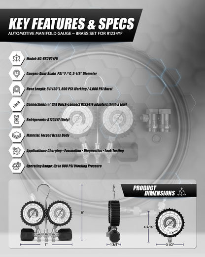 Black Knight R1234YF AC Gauge Set + 5ft Hoses & Quick Adapters