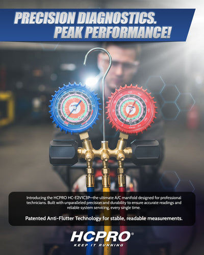 HCPRO A/C manifold gauge set with diagnostic text on a blurred background