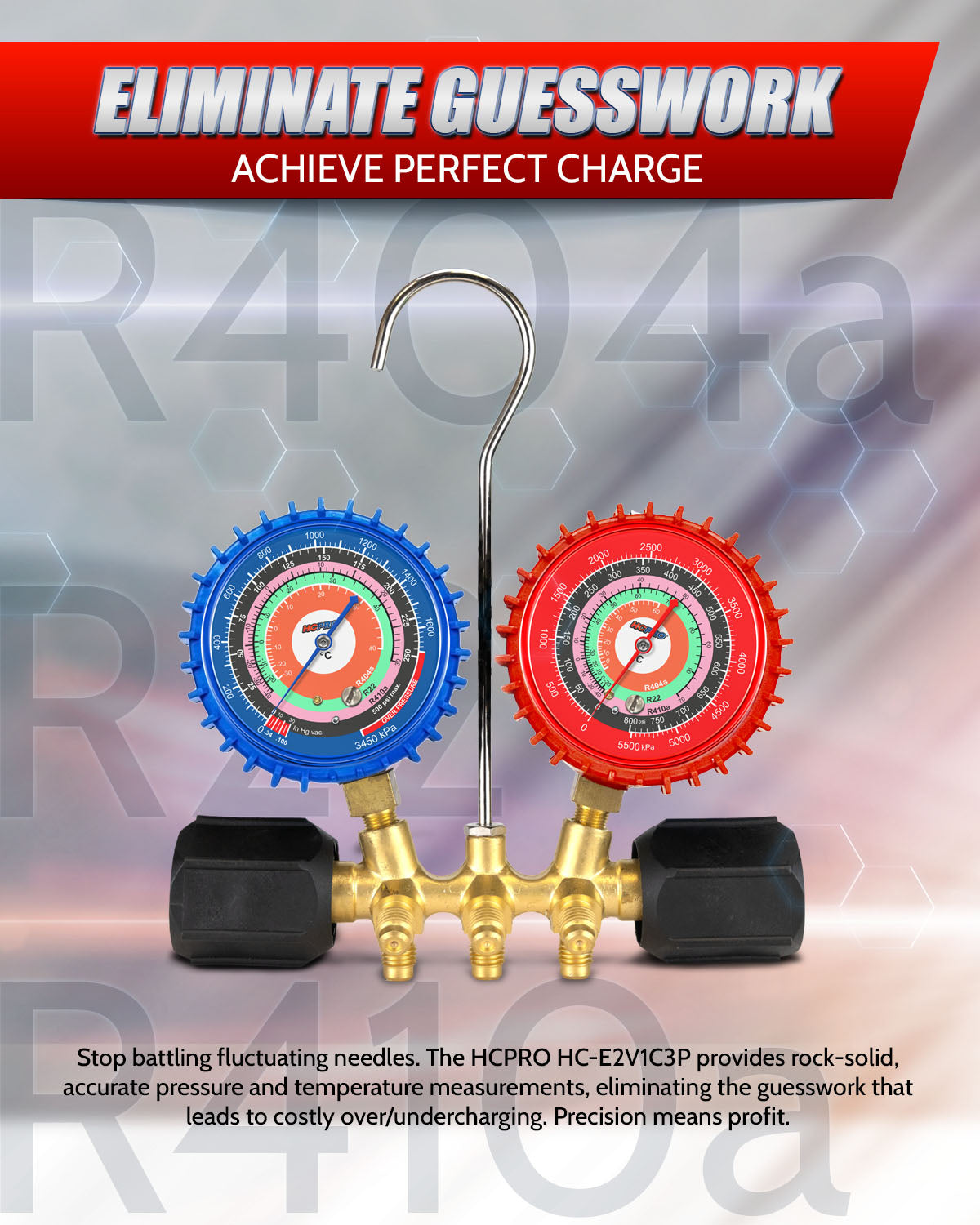 2-Way Brass Manifold Gauge Set R410a/R22/R404a + 3ft Hoses 800 PSI