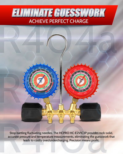 Two pressure gauges with a red and blue design on a blurred background with text about precision measurements.