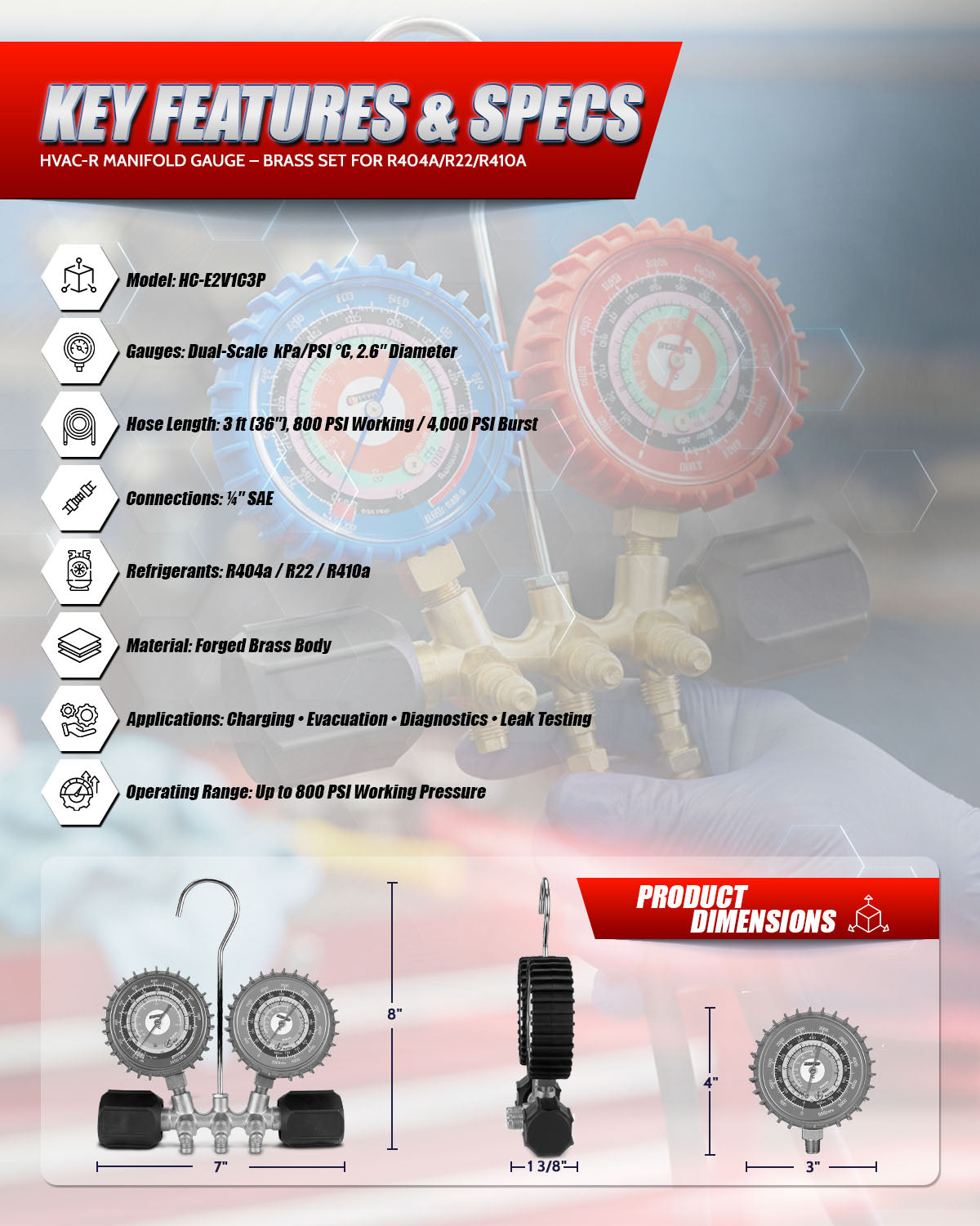 HVAC-R manifold gauge brass set with key features and specifications on a clear background