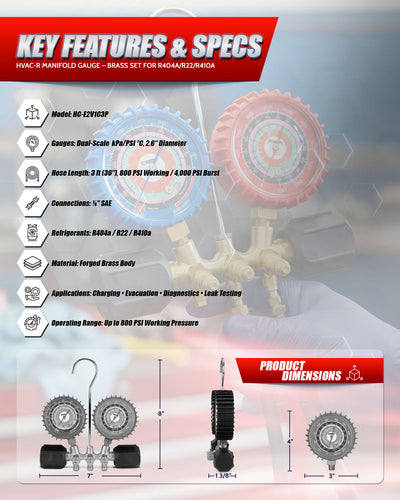 HVAC-R manifold gauge brass set with key features and specifications on a clear background